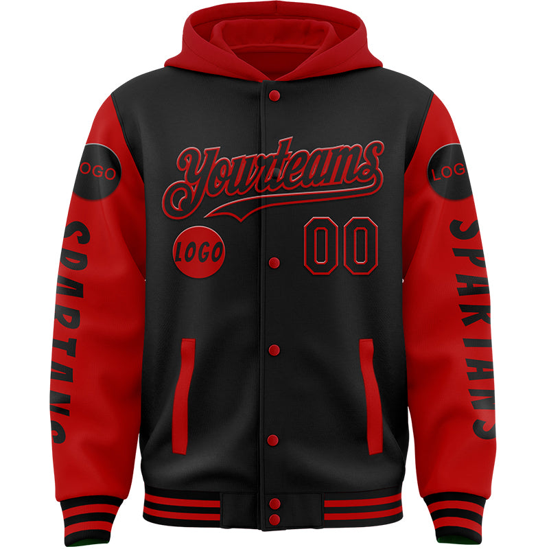 Custom Black Red Spartan Fitness Muscle Bomber Full-Snap Varsity Letterman Two Tone Hoodie Jacket