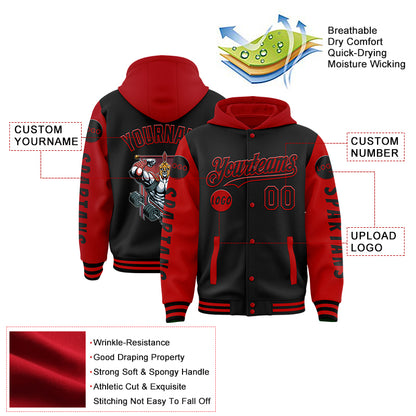 Custom Black Red Spartan Fitness Muscle Bomber Full-Snap Varsity Letterman Two Tone Hoodie Jacket