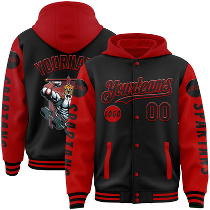 Custom Black Red Spartan Fitness Muscle Bomber Full-Snap Varsity Letterman Two Tone Hoodie Jacket