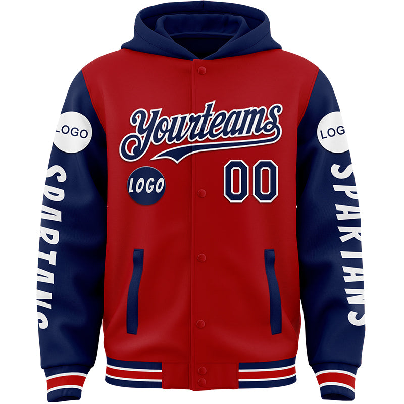 Custom Red Royal Spartan Bomber Full-Snap Varsity Letterman Two Tone Hoodie Jacket