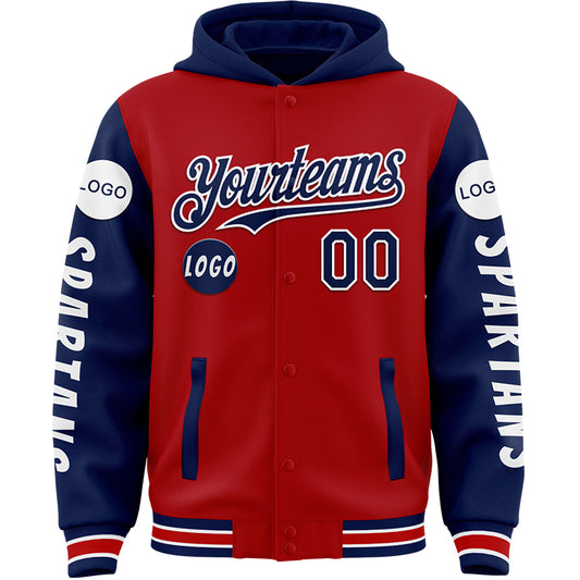 Custom Red Royal Spartan Bomber Full-Snap Varsity Letterman Two Tone Hoodie Jacket