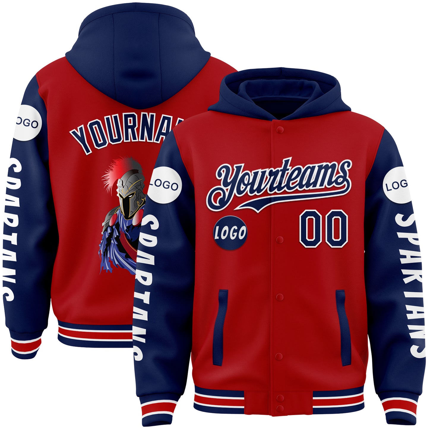 Custom Red Royal Spartan Bomber Full-Snap Varsity Letterman Two Tone Hoodie Jacket