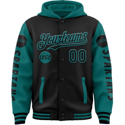 Custom Black Teal Spartan Armor Bomber Full-Snap Varsity Letterman Two Tone Hoodie Jacket