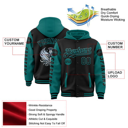 Custom Black Teal Spartan Armor Bomber Full-Snap Varsity Letterman Two Tone Hoodie Jacket