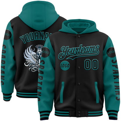 Custom Black Teal Spartan Armor Bomber Full-Snap Varsity Letterman Two Tone Hoodie Jacket