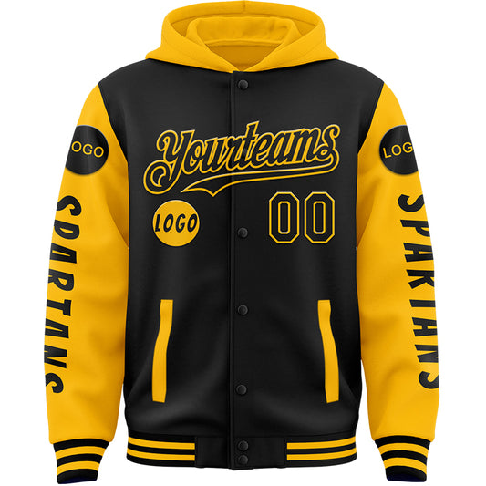 Custom Black Gold Spartan Warrior Bomber Full-Snap Varsity Letterman Two Tone Hoodie Jacket