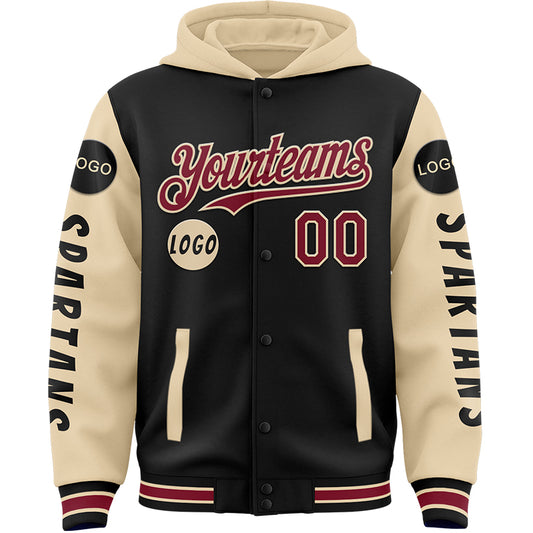 Custom Black City Cream Spartan Helmet Skull Bomber Full-Snap Varsity Letterman Two Tone Hoodie Jacket