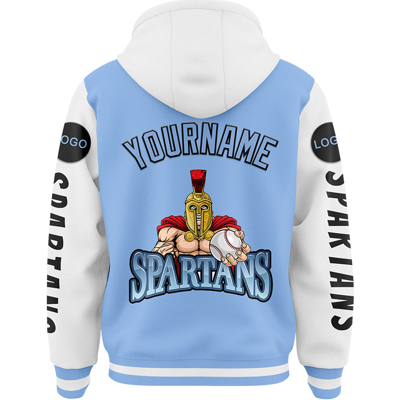 Custom Light Blue White Spartan Warrior Bomber Full-Snap Varsity Letterman Two Tone Hoodie Jacket