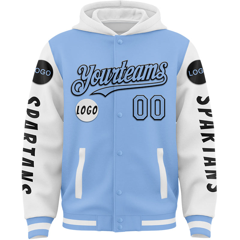 Custom Light Blue White Spartan Warrior Bomber Full-Snap Varsity Letterman Two Tone Hoodie Jacket