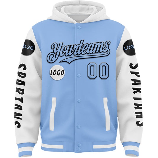 Custom Light Blue White Spartan Warrior Bomber Full-Snap Varsity Letterman Two Tone Hoodie Jacket