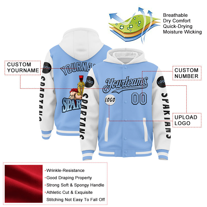 Custom Light Blue White Spartan Warrior Bomber Full-Snap Varsity Letterman Two Tone Hoodie Jacket