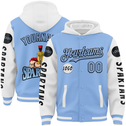 Custom Light Blue White Spartan Warrior Bomber Full-Snap Varsity Letterman Two Tone Hoodie Jacket