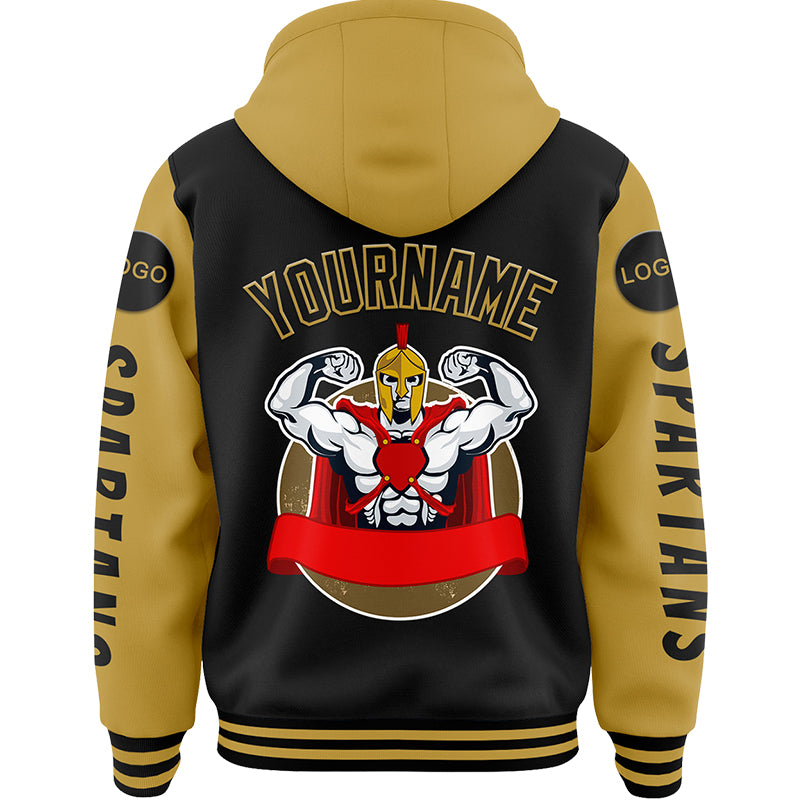 Custom Black Old Gold Spartan Warrior Muscle Bomber Full-Snap Varsity Letterman Two Tone Hoodie Jacket