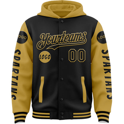 Custom Black Old Gold Spartan Warrior Muscle Bomber Full-Snap Varsity Letterman Two Tone Hoodie Jacket