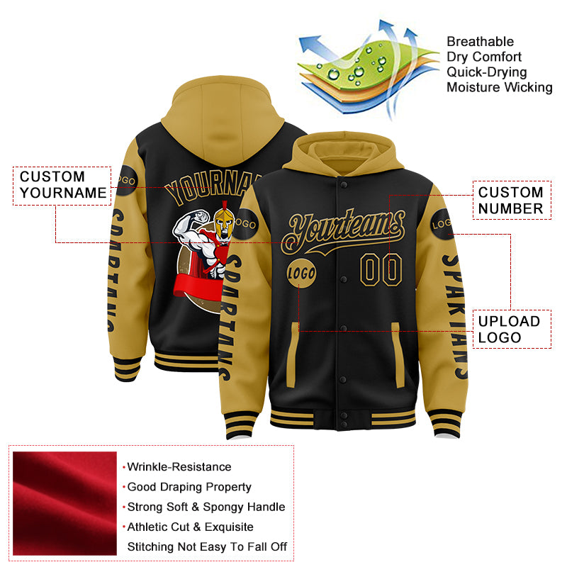 Custom Black Old Gold Spartan Warrior Muscle Bomber Full-Snap Varsity Letterman Two Tone Hoodie Jacket