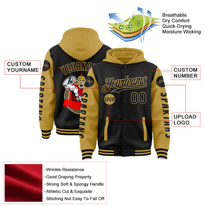 Custom Black Old Gold Spartan Warrior Muscle Bomber Full-Snap Varsity Letterman Two Tone Hoodie Jacket