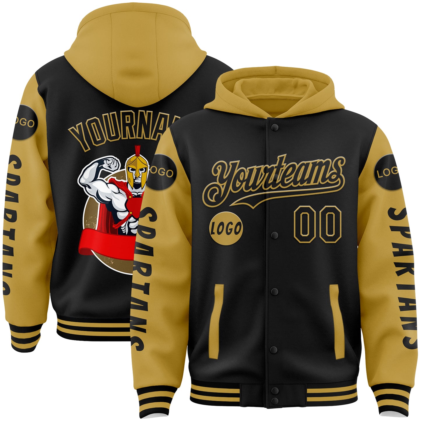 Custom Black Old Gold Spartan Warrior Muscle Bomber Full-Snap Varsity Letterman Two Tone Hoodie Jacket