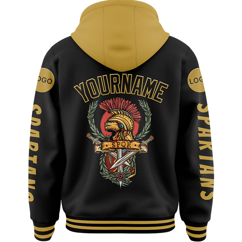 Custom Black Old Gold Spartan SPQR Bomber Full-Snap Varsity Letterman Two Tone Hoodie Jacket