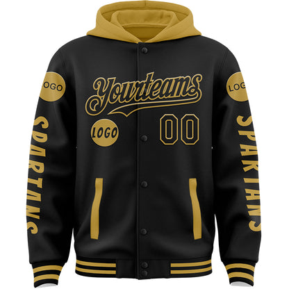 Custom Black Old Gold Spartan SPQR Bomber Full-Snap Varsity Letterman Two Tone Hoodie Jacket