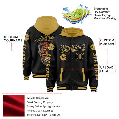 Custom Black Old Gold Spartan SPQR Bomber Full-Snap Varsity Letterman Two Tone Hoodie Jacket