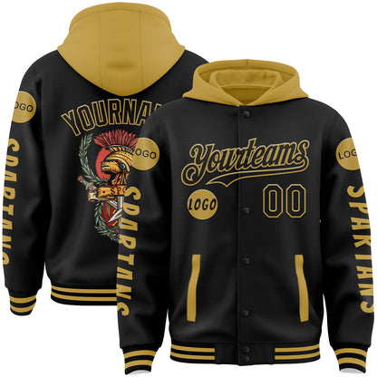 Custom Black Old Gold Spartan SPQR Bomber Full-Snap Varsity Letterman Two Tone Hoodie Jacket