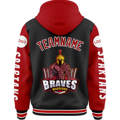 Custom Black Red Spartan Braves Warrior Bomber Full-Snap Varsity Letterman Two Tone Hoodie Jacket