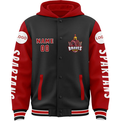 Custom Black Red Spartan Braves Warrior Bomber Full-Snap Varsity Letterman Two Tone Hoodie Jacket