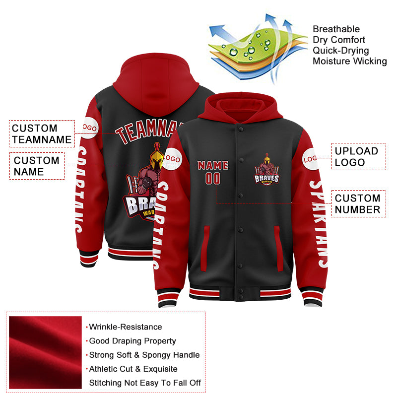 Custom Black Red Spartan Braves Warrior Bomber Full-Snap Varsity Letterman Two Tone Hoodie Jacket