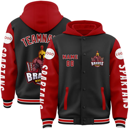 Custom Black Red Spartan Braves Warrior Bomber Full-Snap Varsity Letterman Two Tone Hoodie Jacket