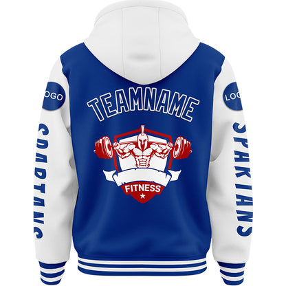 Custom Royal White Spartan Fitness Barbell Squat Bomber Full-Snap Varsity Letterman Two Tone Hoodie Jacket