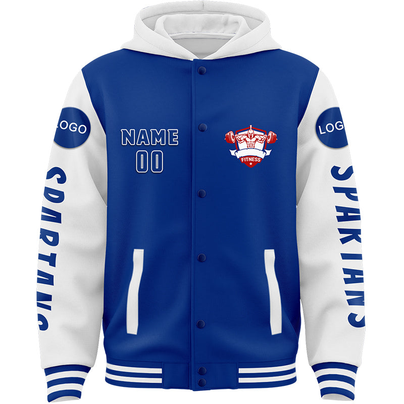 Custom Royal White Spartan Fitness Barbell Squat Bomber Full-Snap Varsity Letterman Two Tone Hoodie Jacket