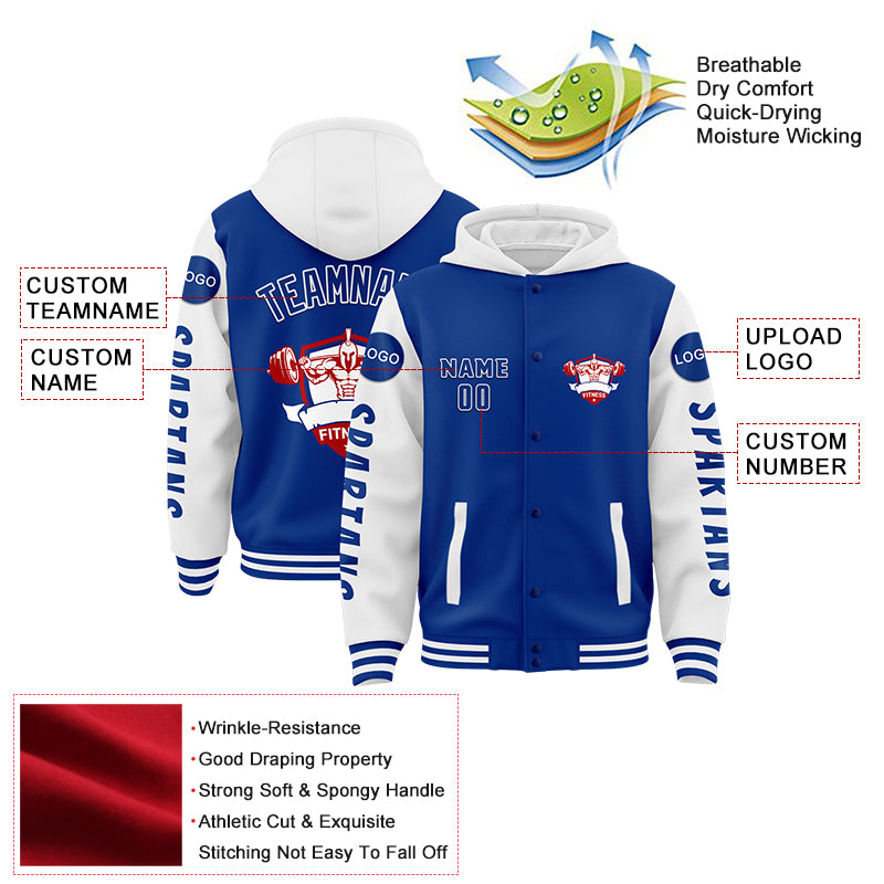 Custom Royal White Spartan Fitness Barbell Squat Bomber Full-Snap Varsity Letterman Two Tone Hoodie Jacket