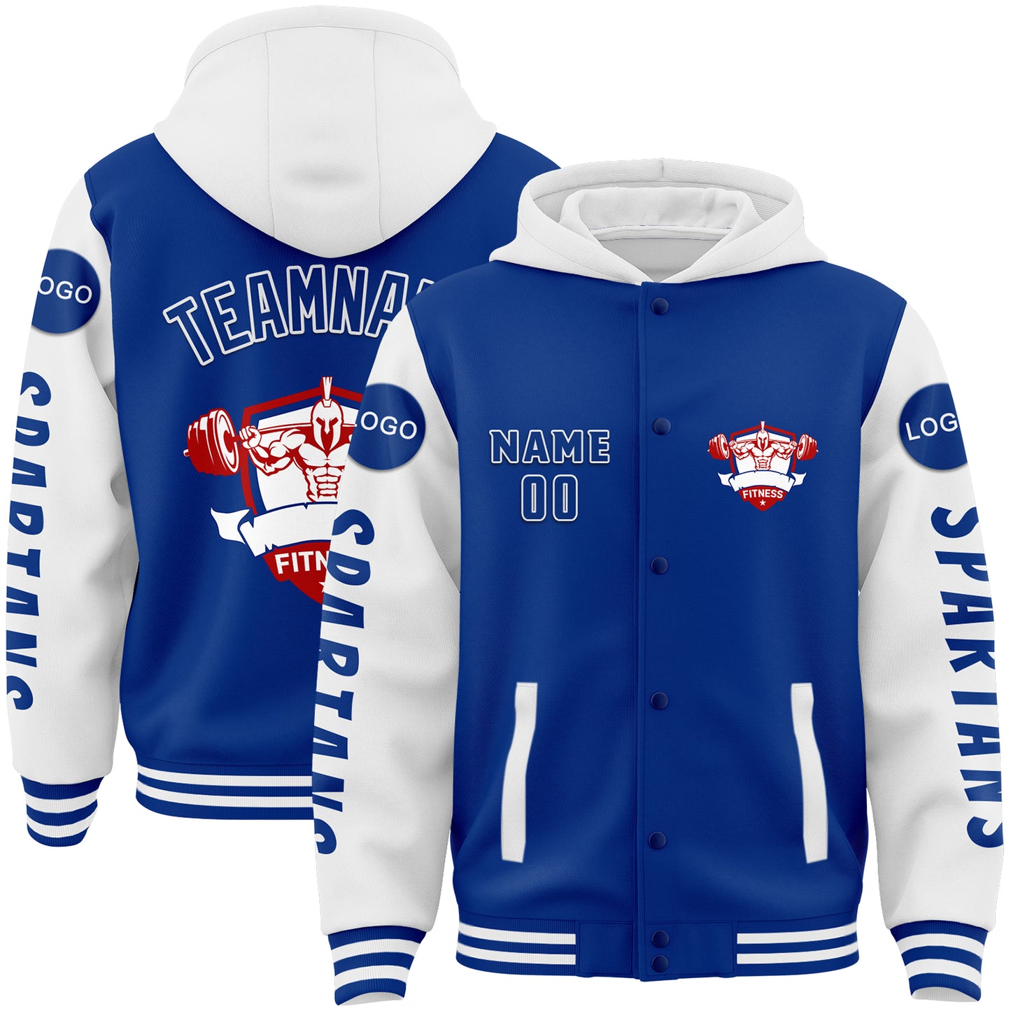 Custom Royal White Spartan Fitness Barbell Squat Bomber Full-Snap Varsity Letterman Two Tone Hoodie Jacket