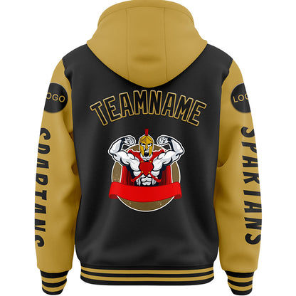 Custom Black Old Gold Spartan Warrior Muscle Bomber Full-Snap Varsity Letterman Two Tone Hoodie Jacket