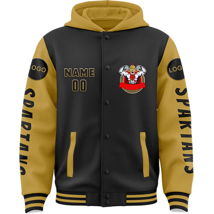 Custom Black Old Gold Spartan Warrior Muscle Bomber Full-Snap Varsity Letterman Two Tone Hoodie Jacket