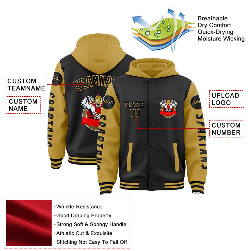 Custom Black Old Gold Spartan Warrior Muscle Bomber Full-Snap Varsity Letterman Two Tone Hoodie Jacket