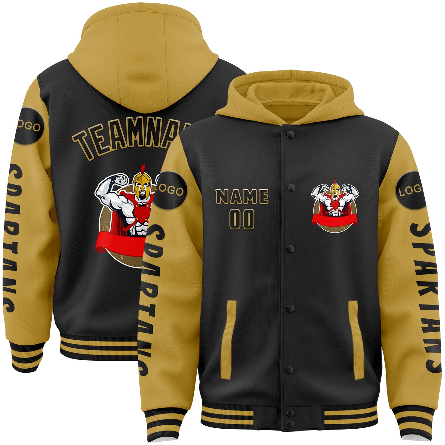 Custom Black Old Gold Spartan Warrior Muscle Bomber Full-Snap Varsity Letterman Two Tone Hoodie Jacket