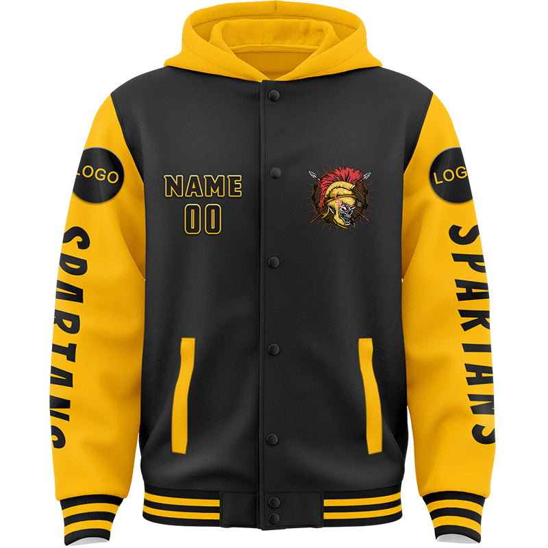 Custom Black Gold Spartan Armored Skeleton Bomber Full-Snap Varsity Letterman Two Tone Hoodie Jacket