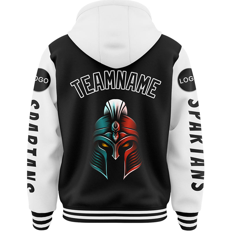 Custom Black White Spartan Armor Bomber Full-Snap Varsity Letterman Two Tone Hoodie Jacket