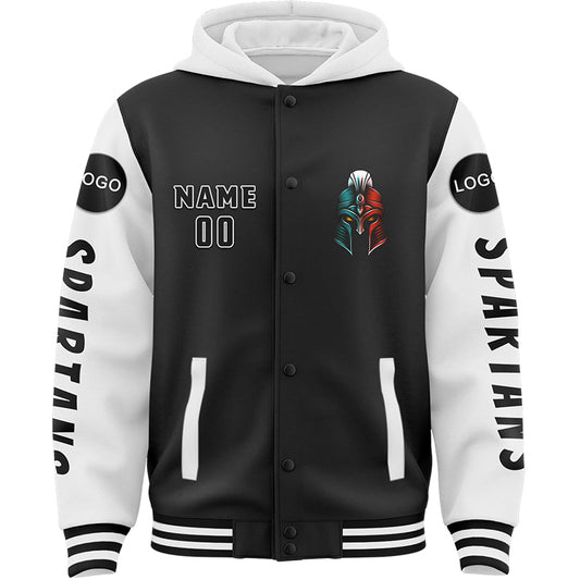 Custom Black White Spartan Armor Bomber Full-Snap Varsity Letterman Two Tone Hoodie Jacket