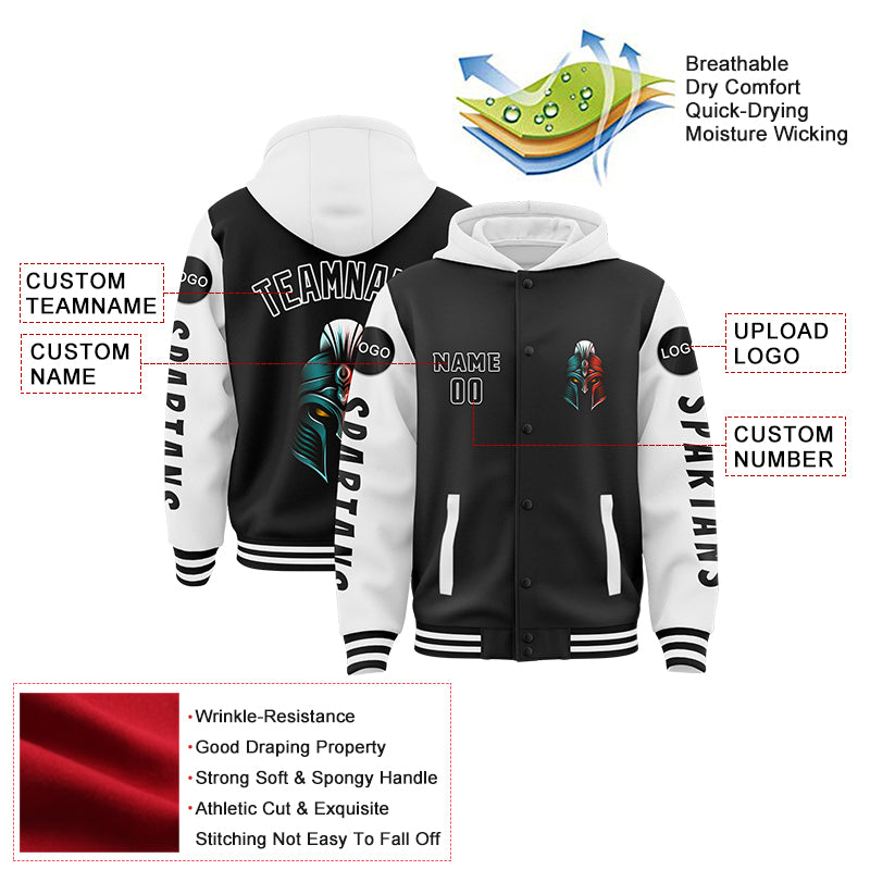 Custom Black White Spartan Armor Bomber Full-Snap Varsity Letterman Two Tone Hoodie Jacket