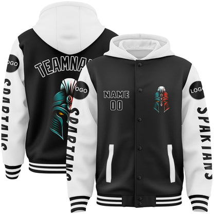 Custom Black White Spartan Armor Bomber Full-Snap Varsity Letterman Two Tone Hoodie Jacket