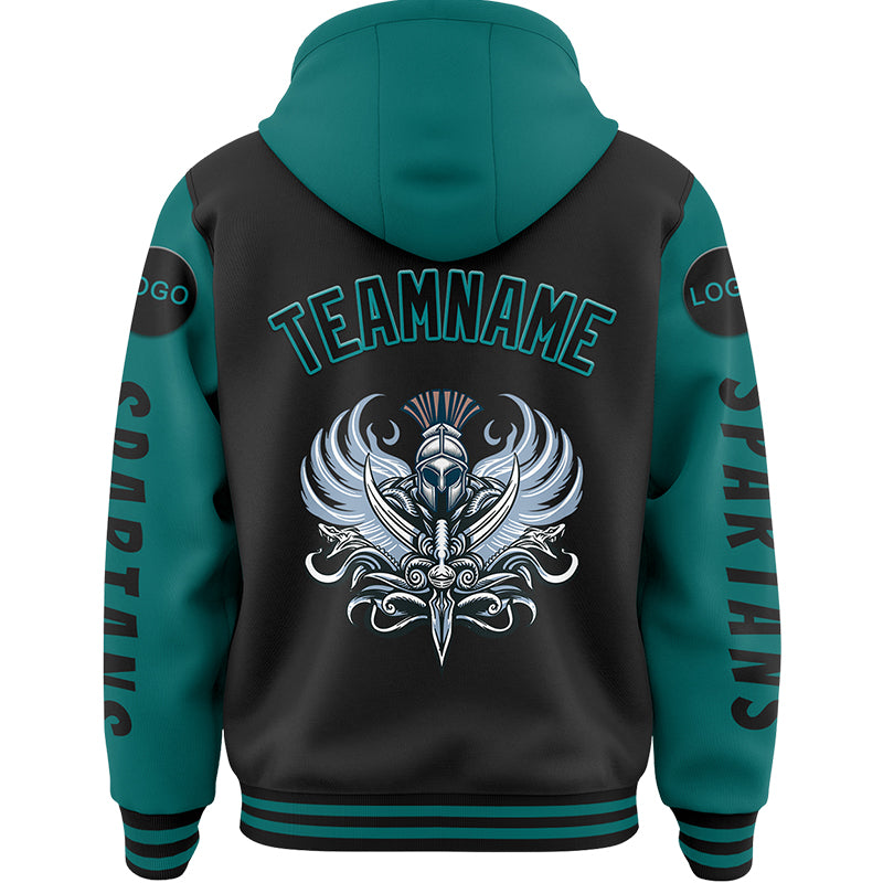 Custom Black Teal Spartan Armor Bomber Full-Snap Varsity Letterman Two Tone Hoodie Jacket