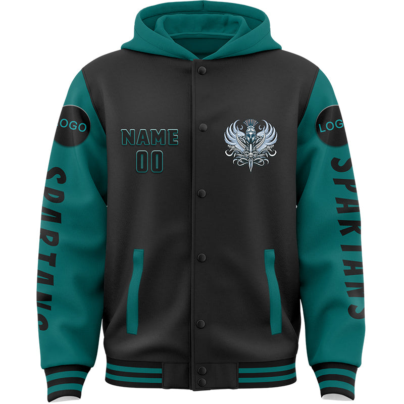 Custom Black Teal Spartan Armor Bomber Full-Snap Varsity Letterman Two Tone Hoodie Jacket