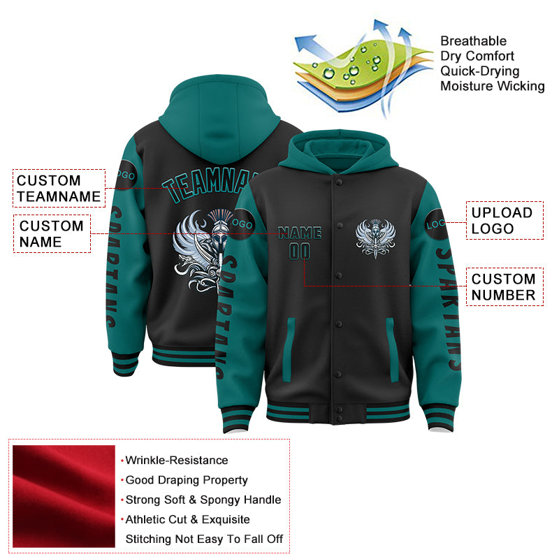 Custom Black Teal Spartan Armor Bomber Full-Snap Varsity Letterman Two Tone Hoodie Jacket