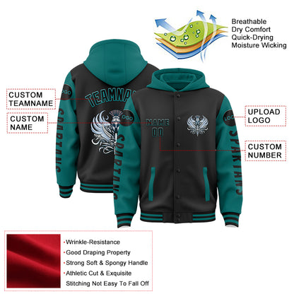 Custom Black Teal Spartan Armor Bomber Full-Snap Varsity Letterman Two Tone Hoodie Jacket