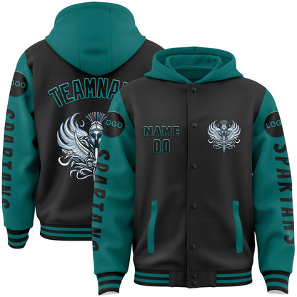 Custom Black Teal Spartan Armor Bomber Full-Snap Varsity Letterman Two Tone Hoodie Jacket