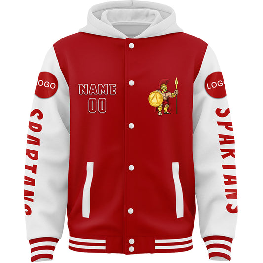 Custom Red White Spartan Warrior Bomber Full-Snap Varsity Letterman Two Tone Hoodie Jacket