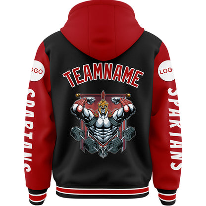 Custom Black Red Spartan Fitness Muscle Bomber Full-Snap Varsity Letterman Two Tone Hoodie Jacket