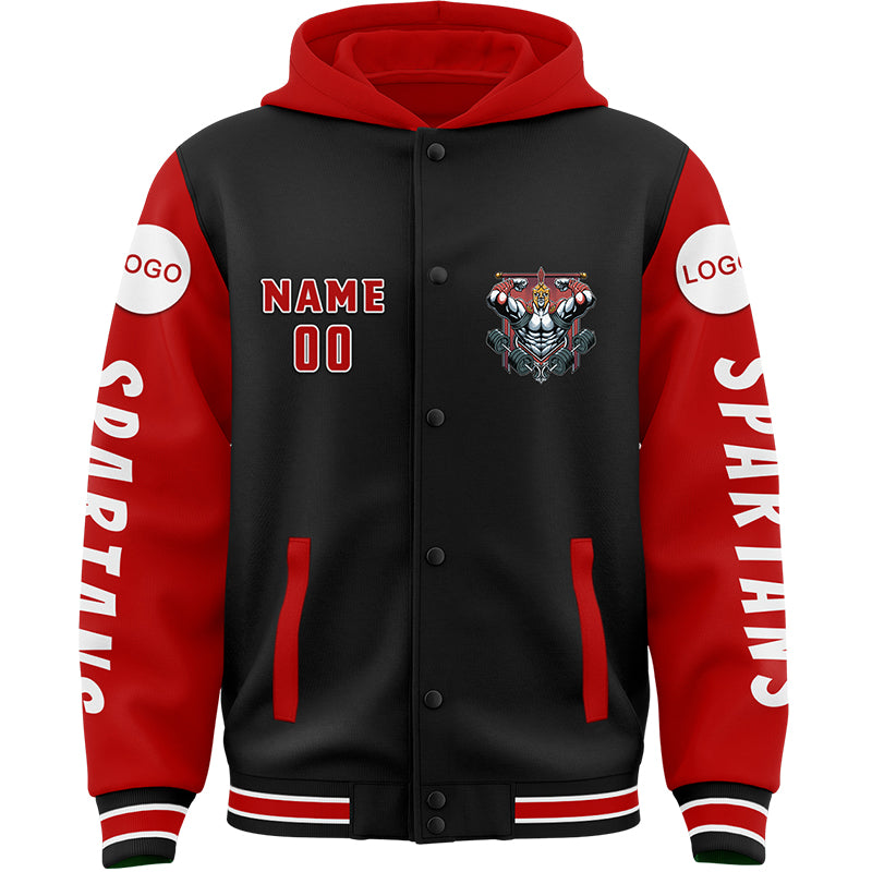 Custom Black Red Spartan Fitness Muscle Bomber Full-Snap Varsity Letterman Two Tone Hoodie Jacket